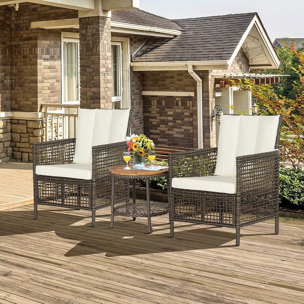 HAPPYGRILL 3 Pieces PE Wicker Bistro Set with Cushions, Patio Furniture Sofa Set with Side Table, Outdoor Conversation Set for Garden Poolside and Backyard