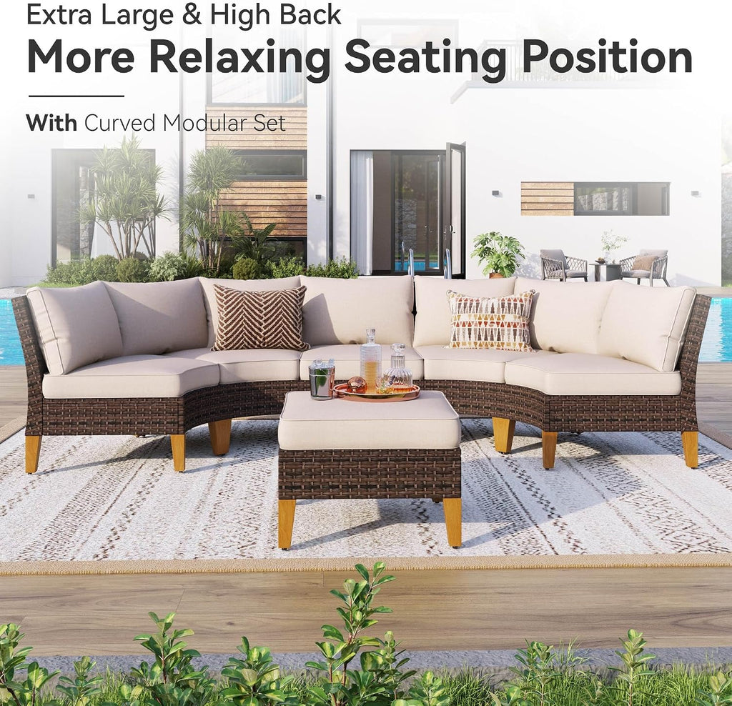 GREEN PARTY 7 Pieces Wicker Patio Furniture Set with 56' Fire Pit Table, All-Weather Outdoor Rattan Patio Half-Moon Curved Sectional Sofa Conversation Set for Garden, Backyard