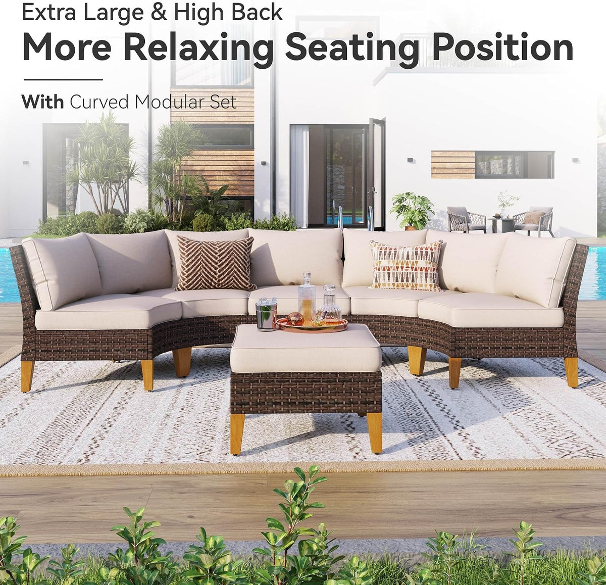GREEN PARTY 7 Pieces Wicker Patio Furniture Set with 56' Fire Pit Table, All-Weather Outdoor Rattan Patio Half-Moon Curved Sectional Sofa Conversation Set for Garden, Backyard
