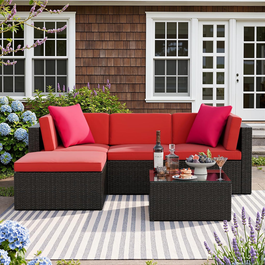 Devoko 5 Pieces Patio Furniture Sets All Weathevr Outdoor Sectional Patio Sofa Manual Weaving Wicker Rattan Patio Seating Sofas with Cushion and Glass Table (Red)