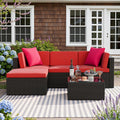 Devoko 5 Pieces Patio Furniture Sets All Weathevr Outdoor Sectional Patio Sofa Manual Weaving Wicker Rattan Patio Seating Sofas with Cushion and Glass Table (Red)