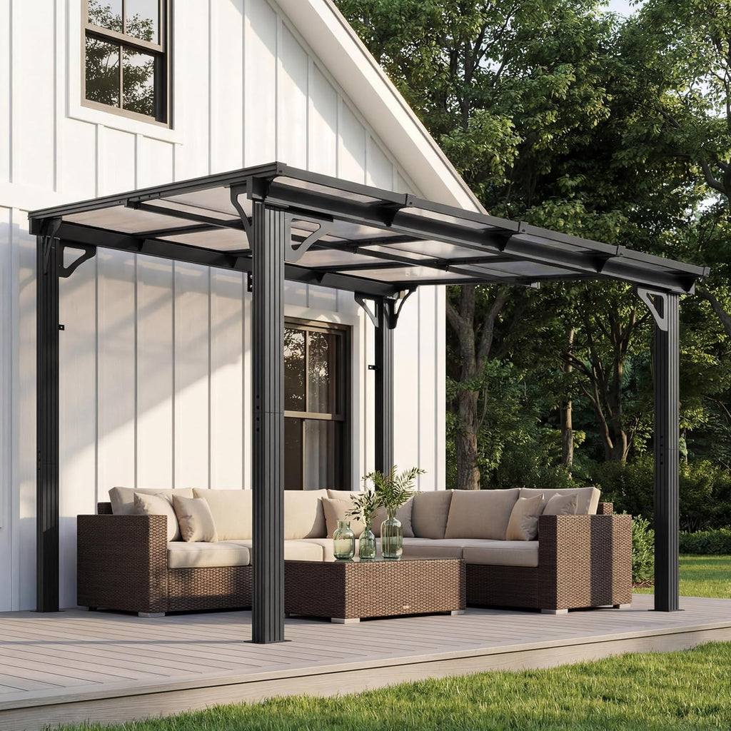 AirWire 10'x8' Wall-Mounted Lean to Gazebo with Aluminum Frame & Polycarbonate Panel, 8x10 FT Hardtop Pergola with Sloped Roof for Backyard, Porch, Deck