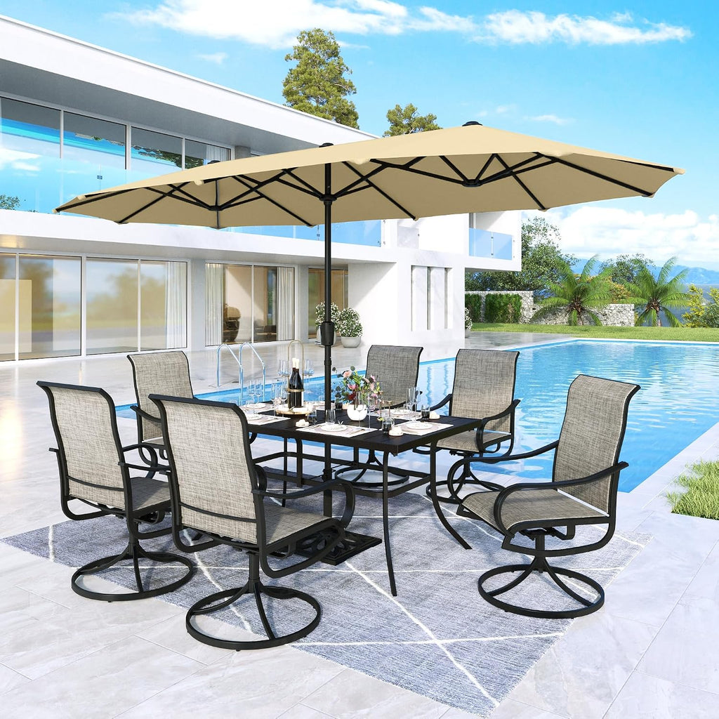 MFSTUDIO Outdoor Dining Set for 6, Patio Furniture Set with Navy Umbrella (Base not Included), Rectangle Metal Table and 6 Swivel Chairs for Patio, Deck, Backyard, Garden