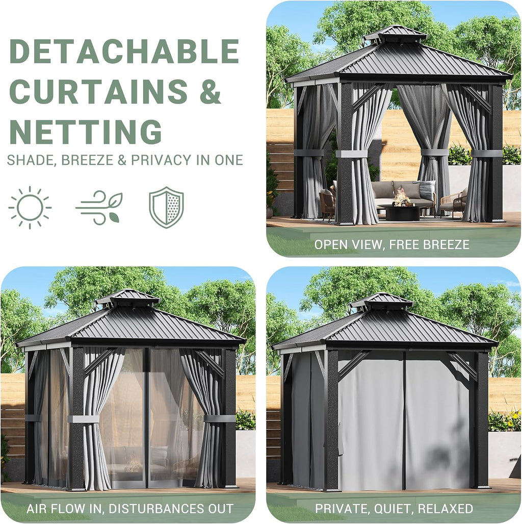 AirWire 8'x8' Gazebo Hardtop Gazebo, Aluminum Pergola with Double Galvanized Steel Roof, Permanent Outdoor Metal Canopy with Curtain and Netting for Patio, Backyard, Deck,Grey