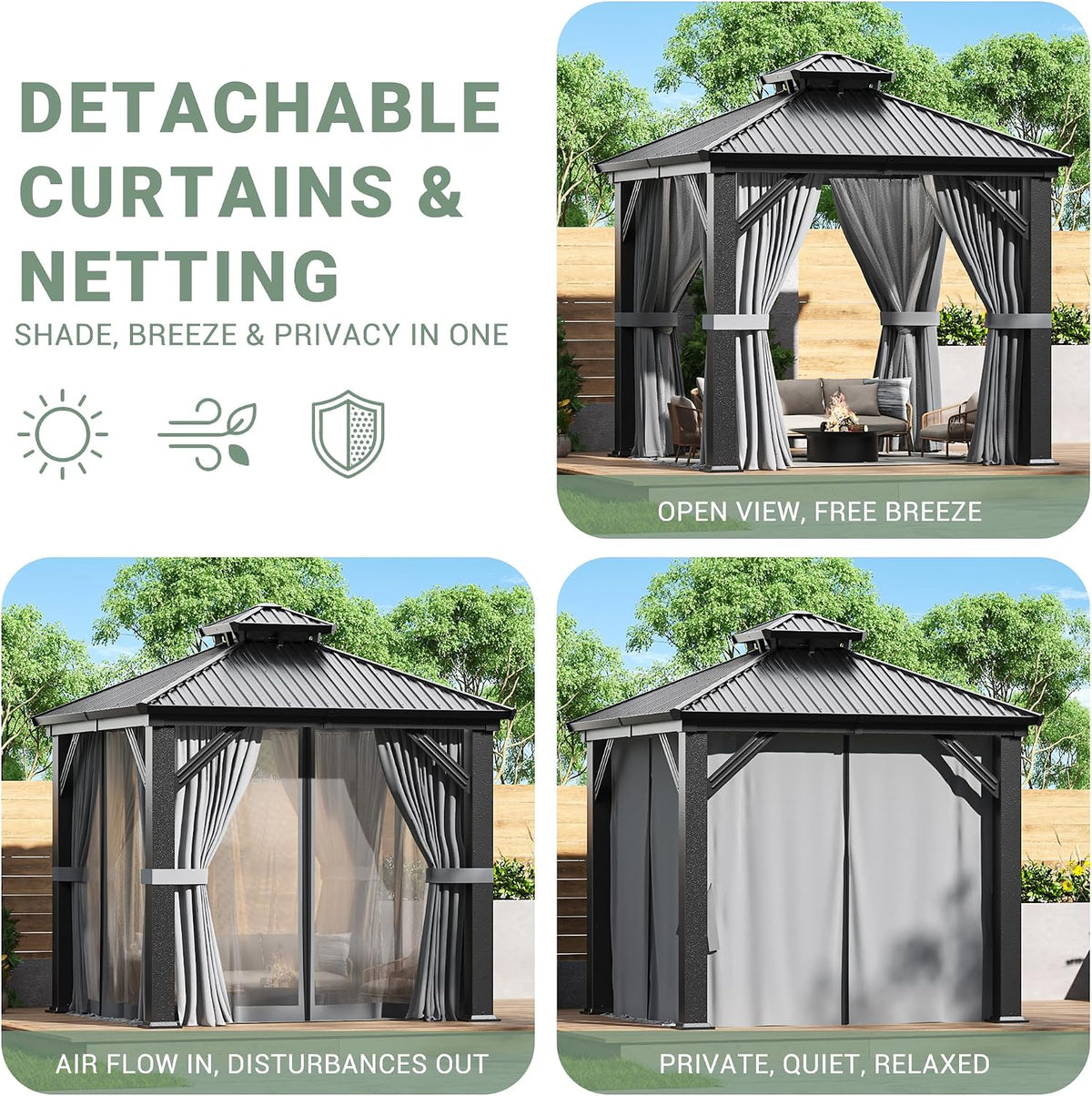 AirWire 8'x8' Gazebo Hardtop Gazebo, Aluminum Pergola with Double Galvanized Steel Roof, Permanent Outdoor Metal Canopy with Curtain and Netting for Patio, Backyard, Deck,Grey