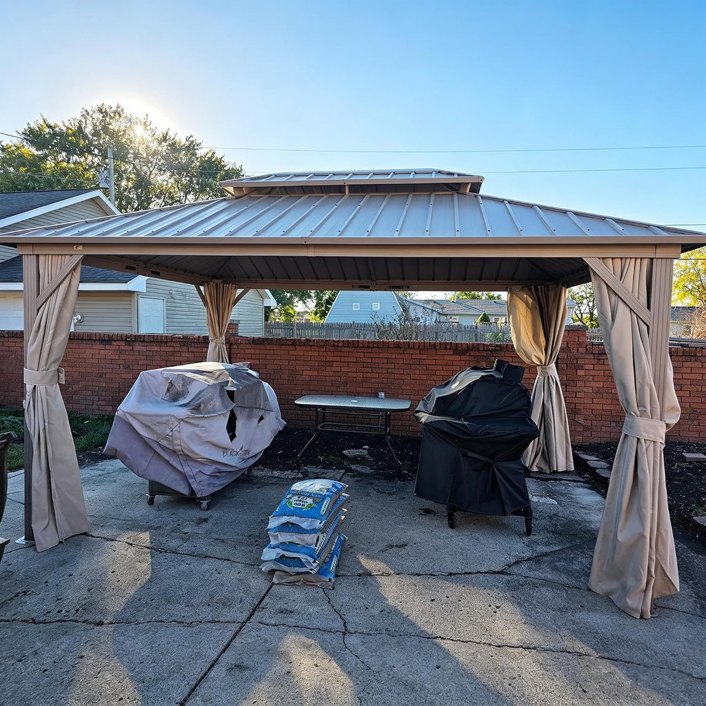 PURPLE LEAF 12' x 16' Outdoor Hardtop Gazebo, Champagne Aluminum Gazebo with Galvanized Steel Double Roof, Curtains and Netting for Patio Lawn and Garden
