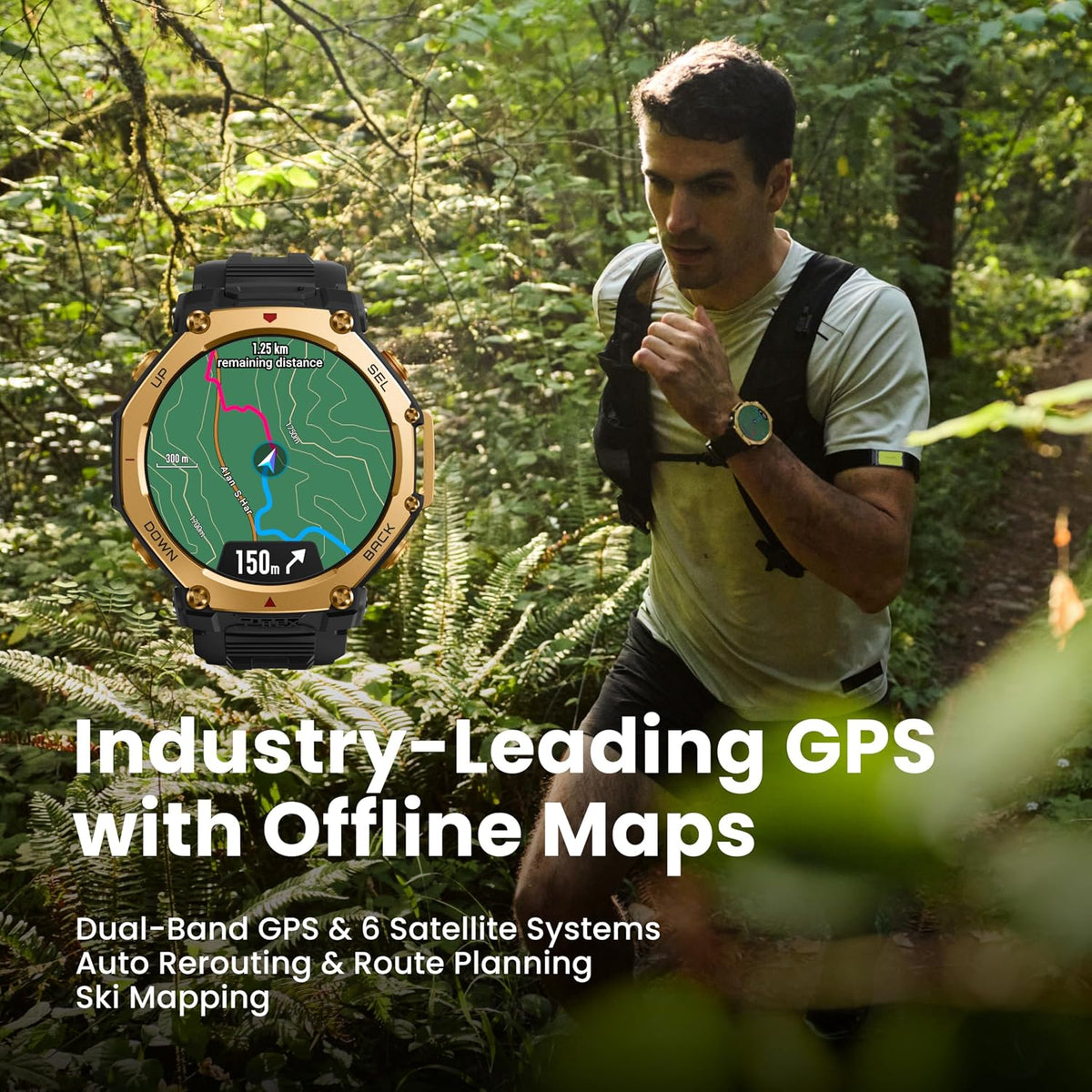 Amazfit T-Rex 3 Pro Outdoor Smart Watch 48mm Sapphire AMOLED Display with Flashlight, Ti Bezel, Dual Band GPS, Offline Maps, 25 Days Battery, 10 ATM, 180+ Sports Mode for Android & iPhone, Black Gold