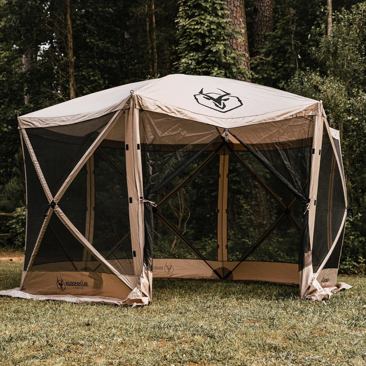 Gazelle Tents™, G6 6-Sided Portable Gazebo, Easy Pop-Up Hub Screen Tent, Durable, TriTech Mesh, Waterproof, UV Resistant, 8-Person & Table, Desert Sand, 86' x 124' x 124', GG602DS