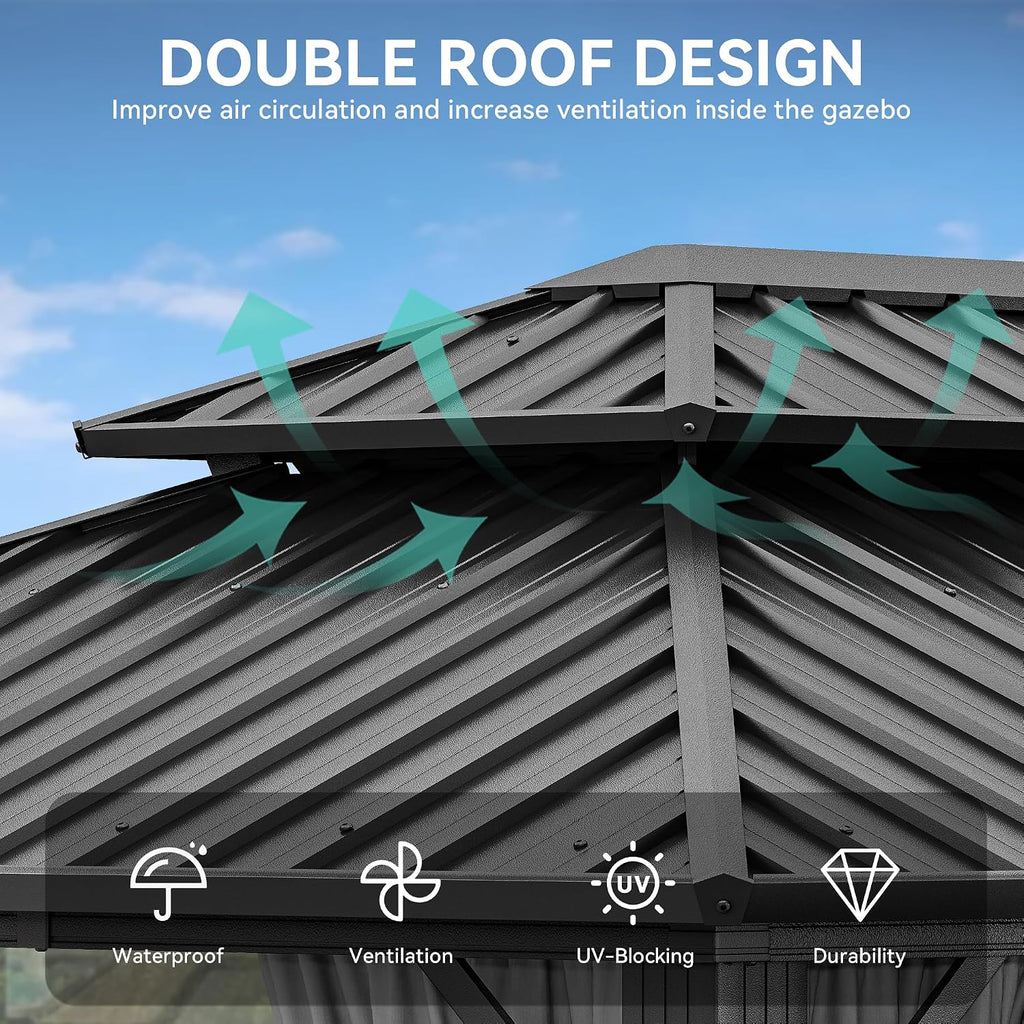 YITAHOME 10X12FT Hard Top Metal Gazebo Patios Double Roof Canopy Aluminum Frame Garden Gazebo Tent Curtains Netting for Patios Backyards Decks Lawns Gray