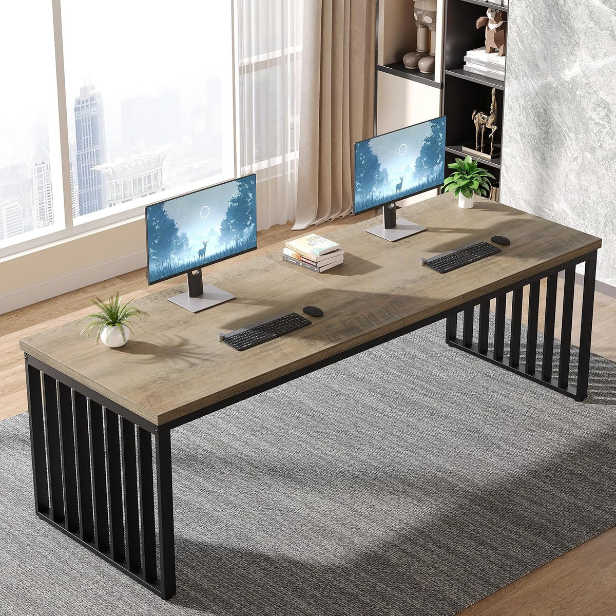 Tribesigns 78.74' Extra Long Computer Desk 2 Person Desk, Double Long Desk with Heavy Duty Metal Frame, Double Workstation Study Table for Home Office, Brown (Without Chair) (Gray & Black)