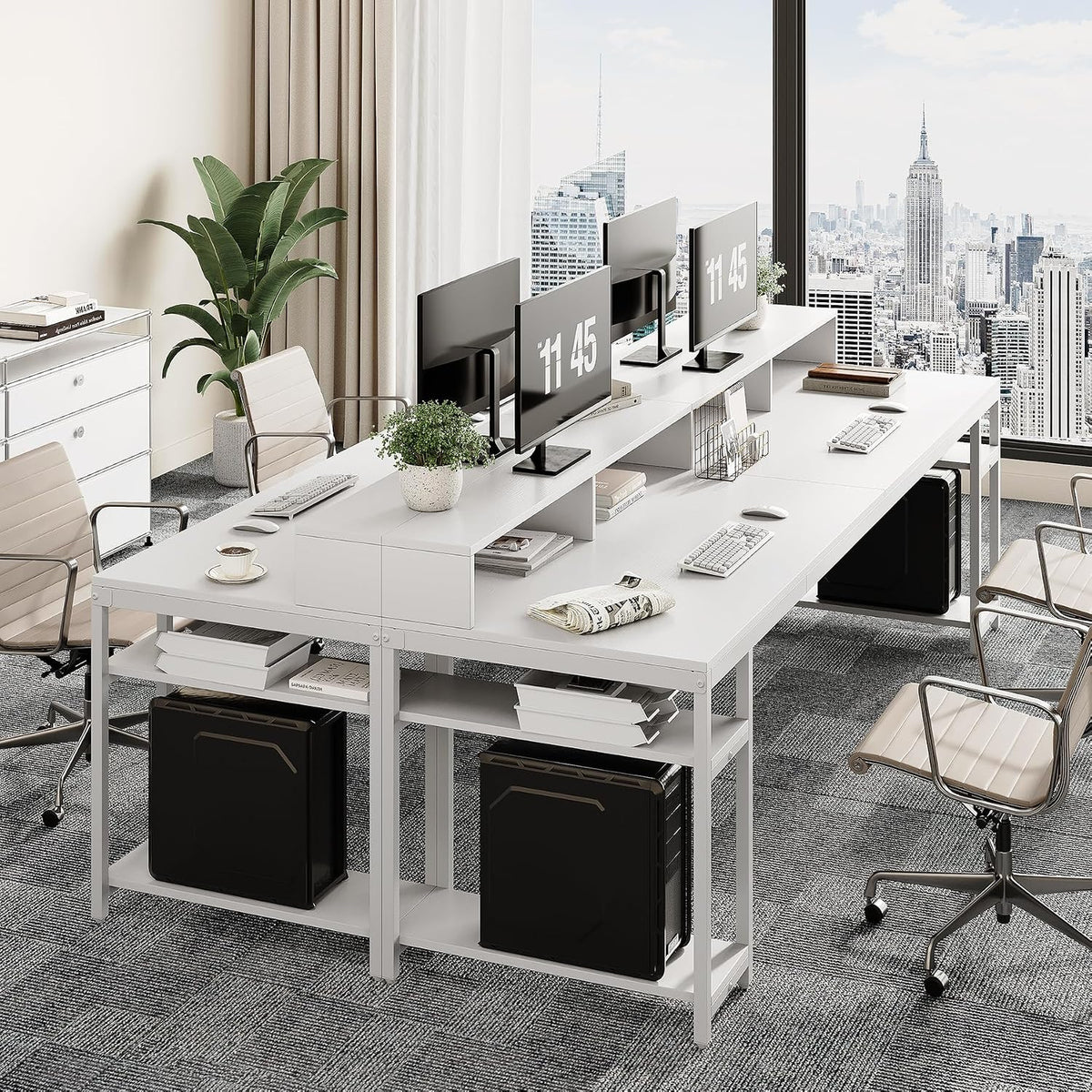LITTLE TREE 78-Inch Double Desk with Storage Shelves, 2-Person Gaming Desk for Home Office, Long Desk with Monitor Stand (White)