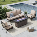 MFSTUDIO 4 Pieces Outdoor Patio Furniture Set, Metal Outdoor Conversation Set, Rattan Wicker Patio Sectional Set with 2 x Fixed Single Sofa, 3-Seat Sofa, 1 x Fire Pit Table, Beige