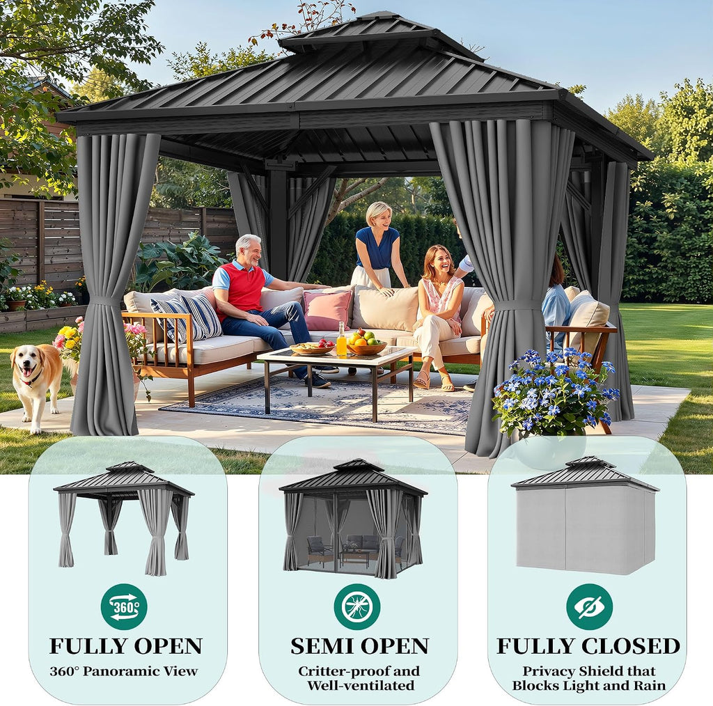 YITAHOME 10X10FT Hard Top Gazebo Patios Outdoor Double Roof Canopy Aluminum Frame Garden Gazebo with Curtains Netting for Backyards Decks Lawns, Gray