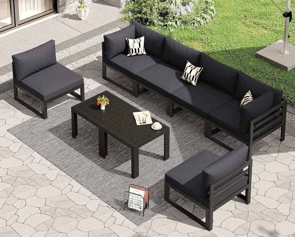 RADIATA 8 Pcs L Shaped Contemporary Aluminum Outdoor Furniture Set, 29' Deep Wide Couch Set for 500 lbs High Weight Capacity, Large Modular Patio Sectional Sofa with Coffee Table for Garden, Dark Grey