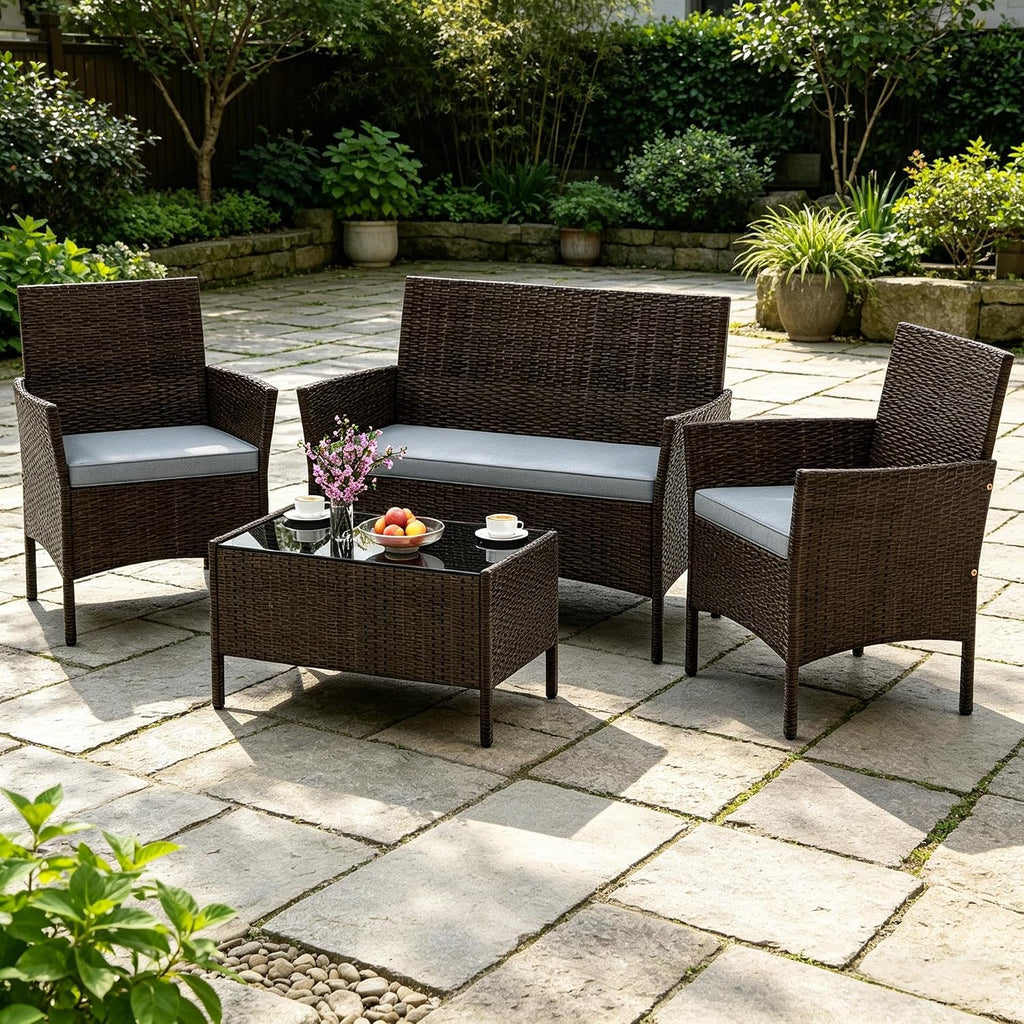 ORALNER 4 Pieces Patio Furniture Set, Rattan Chairs Loveseat with Soft Cushion Glass Table, Outdoor Wicker Conversation Set for Balcony Garden Backyard Porch Poolside (Gray)