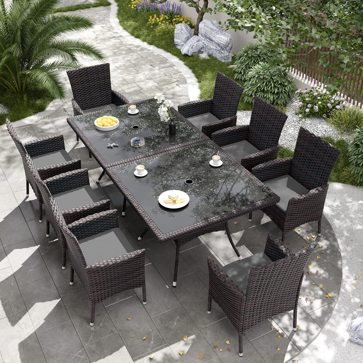 Kurapika 10-Piece Patio Furniture Outdoor Dining Set, Wicker Rattan Patio Dining Table and Chairs Set, Square Tempered Glass Tabletop with Umbrella Hole and 8 Chair Set, Grey