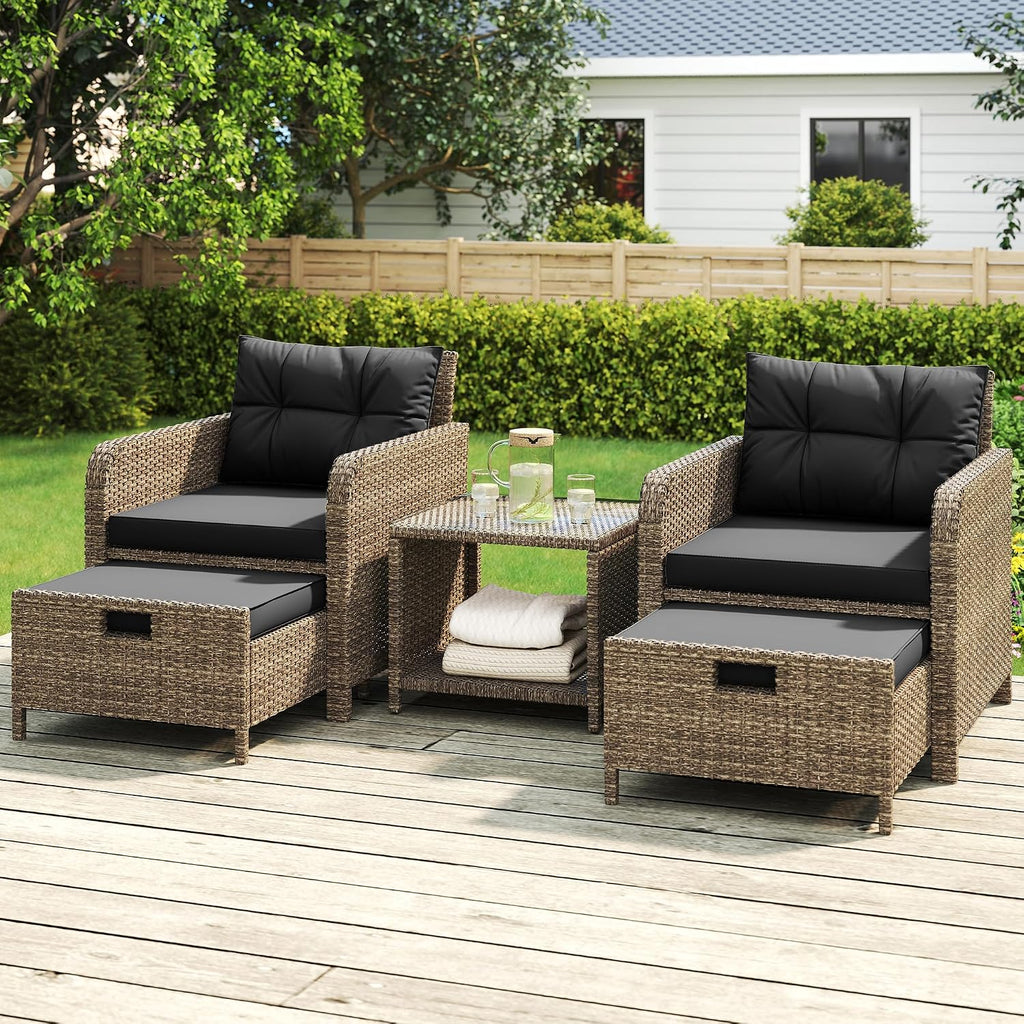 LHBcraft Outdoor Furniture 5 Piece Patio Conversation Set, PE Rattan Patio Set with Soft Cushions & Coffee Table, Outside Furniture with Hidden Ottoman for Porch, Lawn, Garden, Balcony, Black