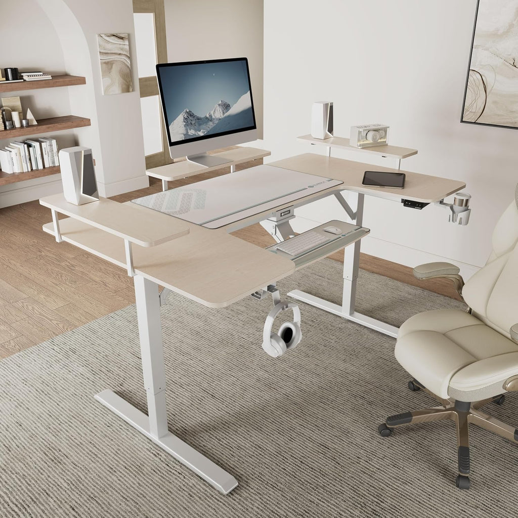 EUREKA ERGONOMIC Gaming Standing Desk with Keyboard Tray,74' U Shaped Studio Desk for Recording&Live,Electric Height Adjustable Desk w LED Convertible Shelves,Maple