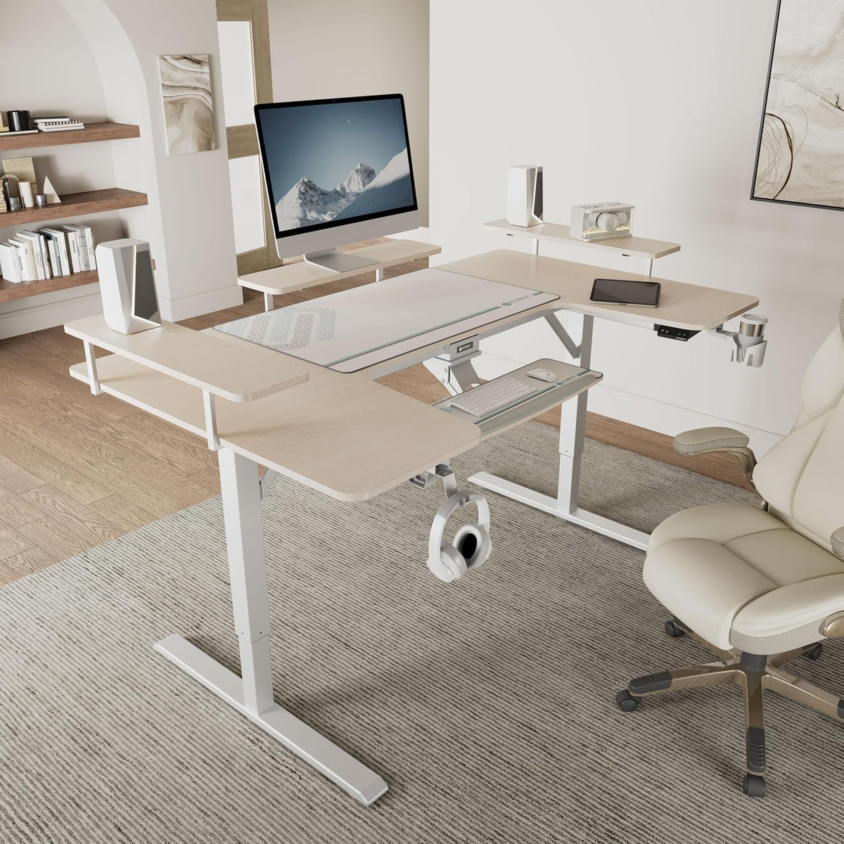 EUREKA ERGONOMIC Gaming Standing Desk with Keyboard Tray,74' U Shaped Studio Desk for Recording&Live,Electric Height Adjustable Desk w LED Convertible Shelves,Maple