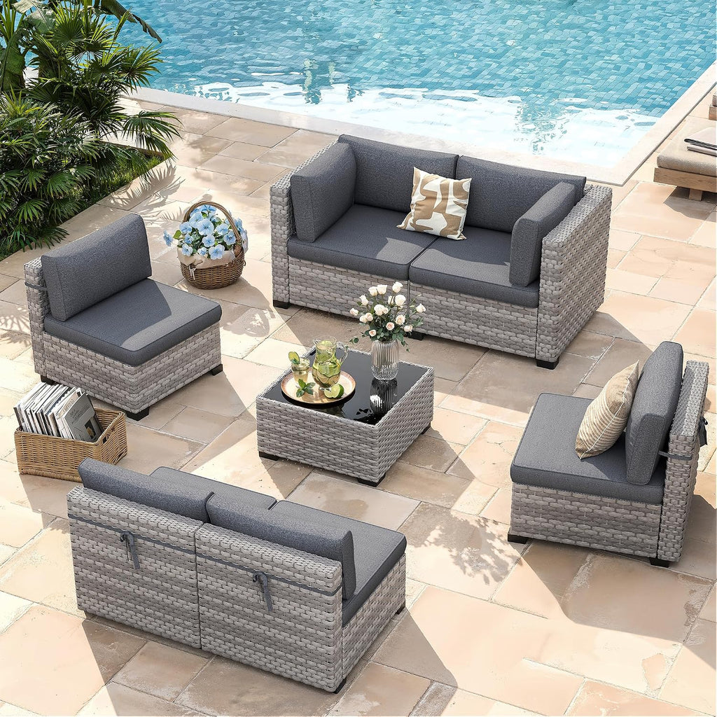 6-Piece Outdoor Patio Furniture Set, All-Weather Wicker Sectional Sofa with Deep Seating 4' Cushions, Heavy-Duty Steel Frame, Modular Rattan Couch for Backyard, Deck & Garden, Black