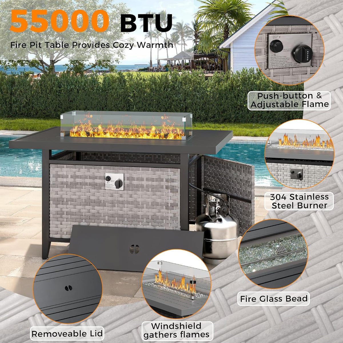 6-Seat Modern Outdoor Wicker Rattan Patio Furniture Set with 55,000 BTU Fire Pit Table, Thick 4″ Cushions, All-Weather Dual-Strand Rattan, Rust-Resistant Steel Frame,Black