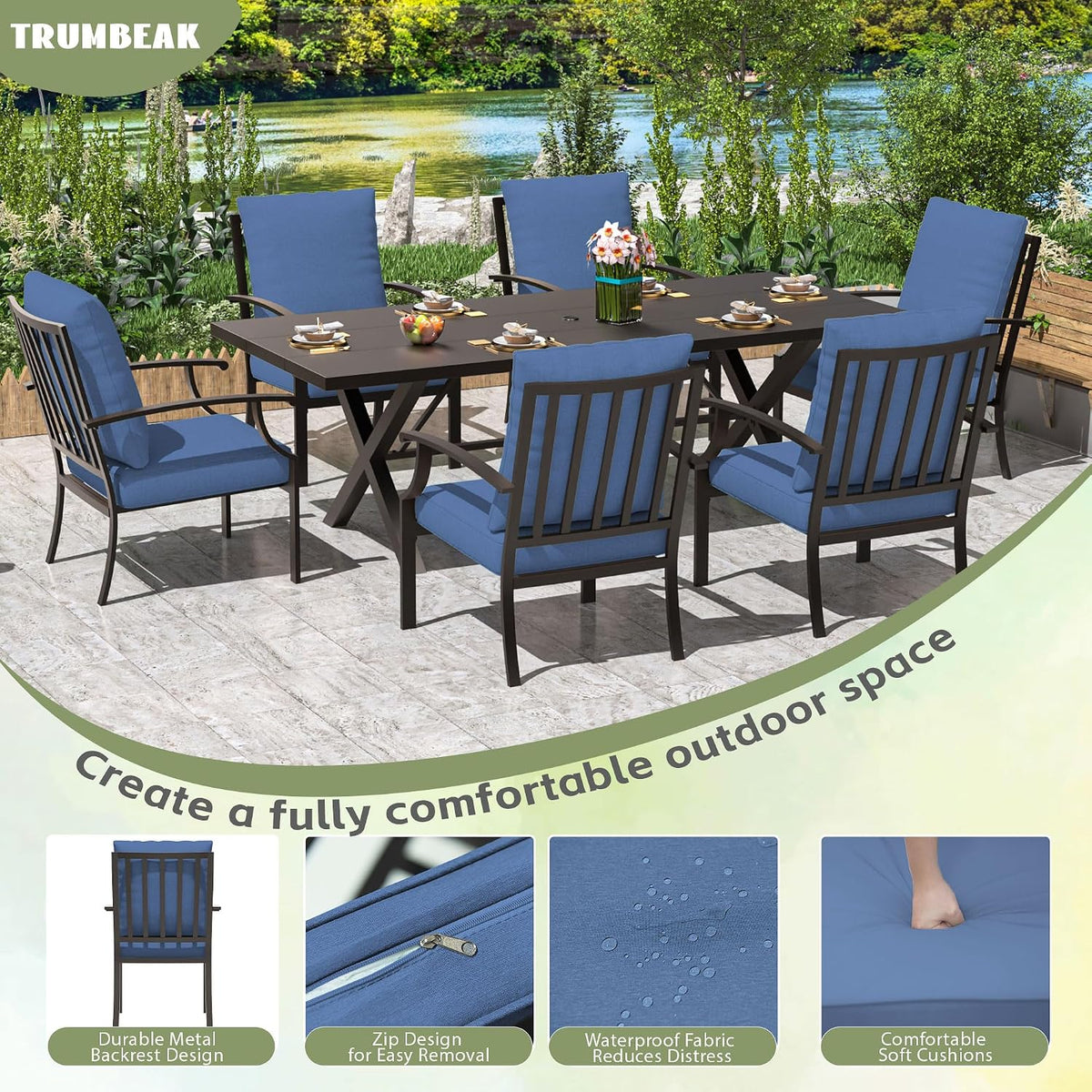 7-Piece Patio Dining Set Outdoor Conversation Set,Metal Outdoor Furniture Set with Umbrella Hole Cut-Out 78.7' x 35.4' Table and 6 Metal Backrest Chairs for Backyard,Garden,NavyBlue