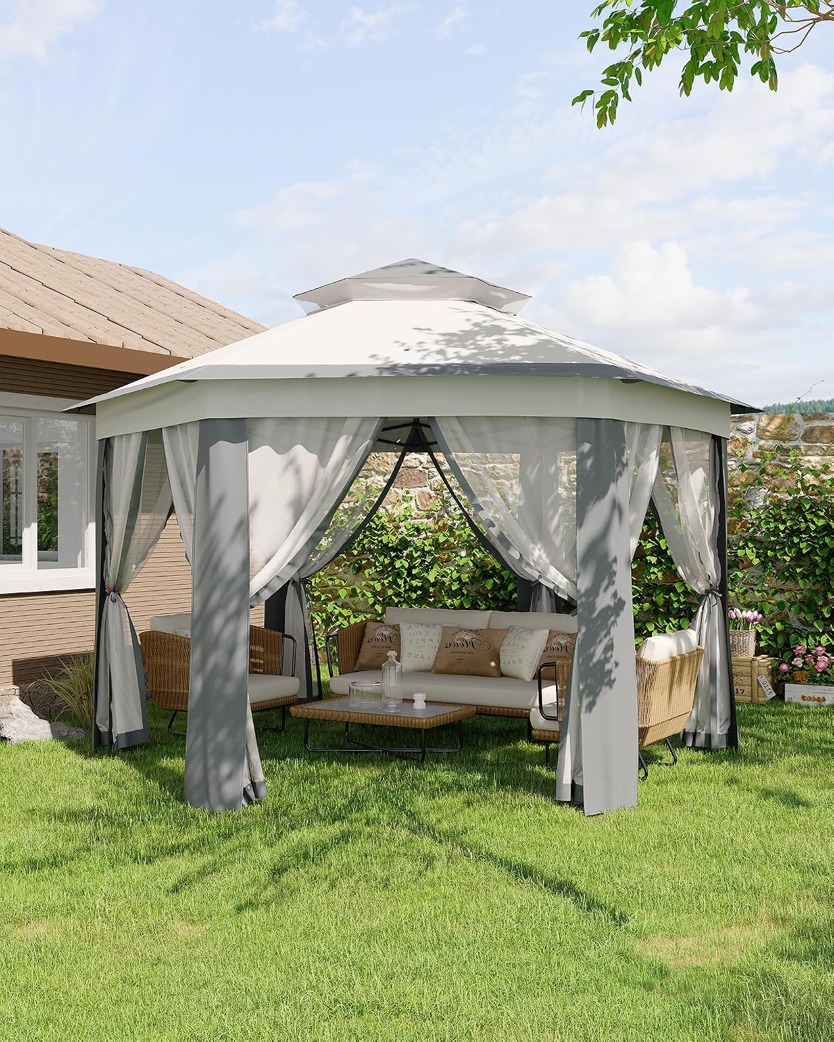 GarveeLife 13'x13' Pop-Up Gazebo, Outdoor Hexagonal Patio Gazebo with Mosquito Netting, Instant Setup Canopy Tent with Strong Steel Frame and Sandbags, for Backyard, Gardens, Patio (Grey)