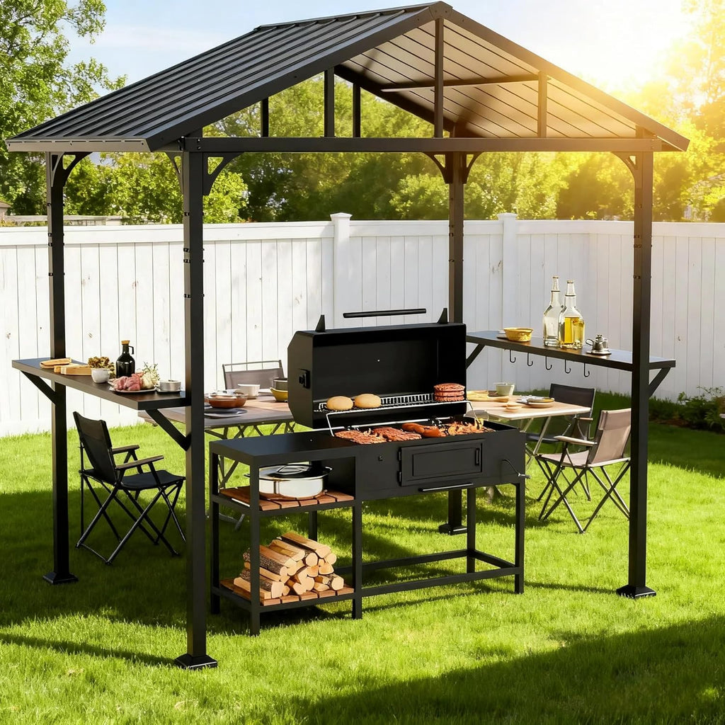 8' x 5' Hardtop Grill Gazebo,Outdoor BBQ Canopy Shelter with 2 Side Shelves and 5 Side Hooks,Patio Pavilion with Galvanized Steel Roof for Patio Lawn Backyard Garden
