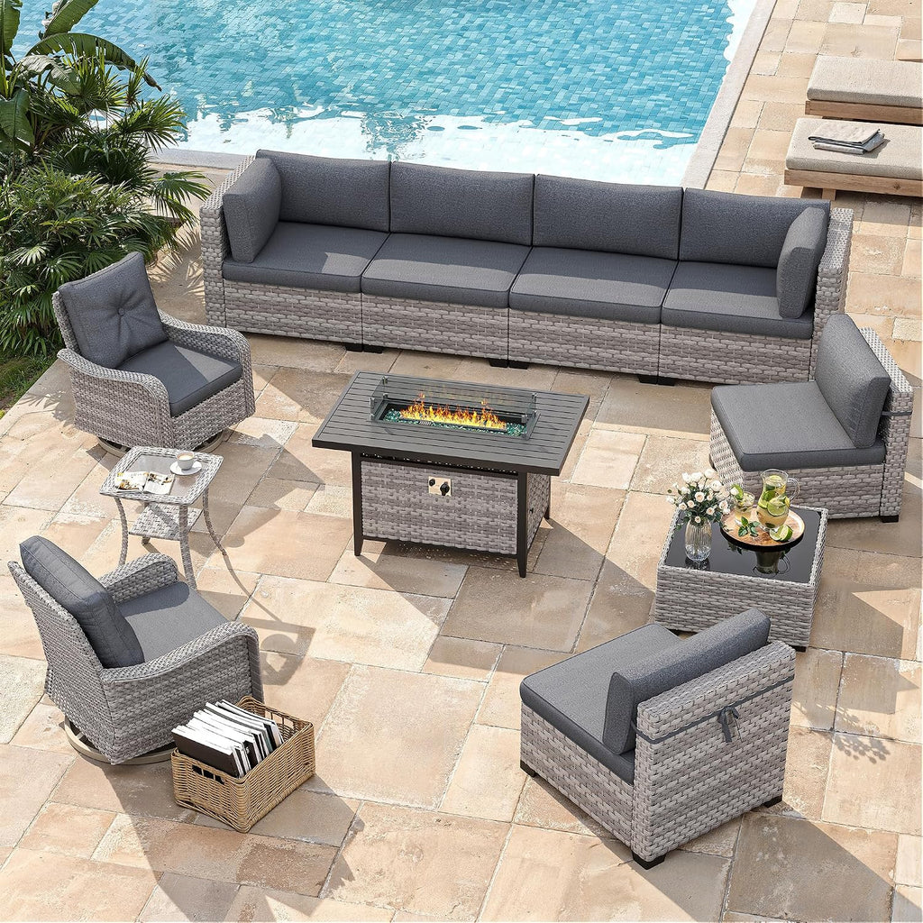 8-Seat Outdoor Wicker Patio Furniture Set with Fire Pit Table, Modular Rattan Sectional Sofa & 2 Swivel Rocking Chairs, 4' Thick Cushions, Rust-Resistant Frame,Black