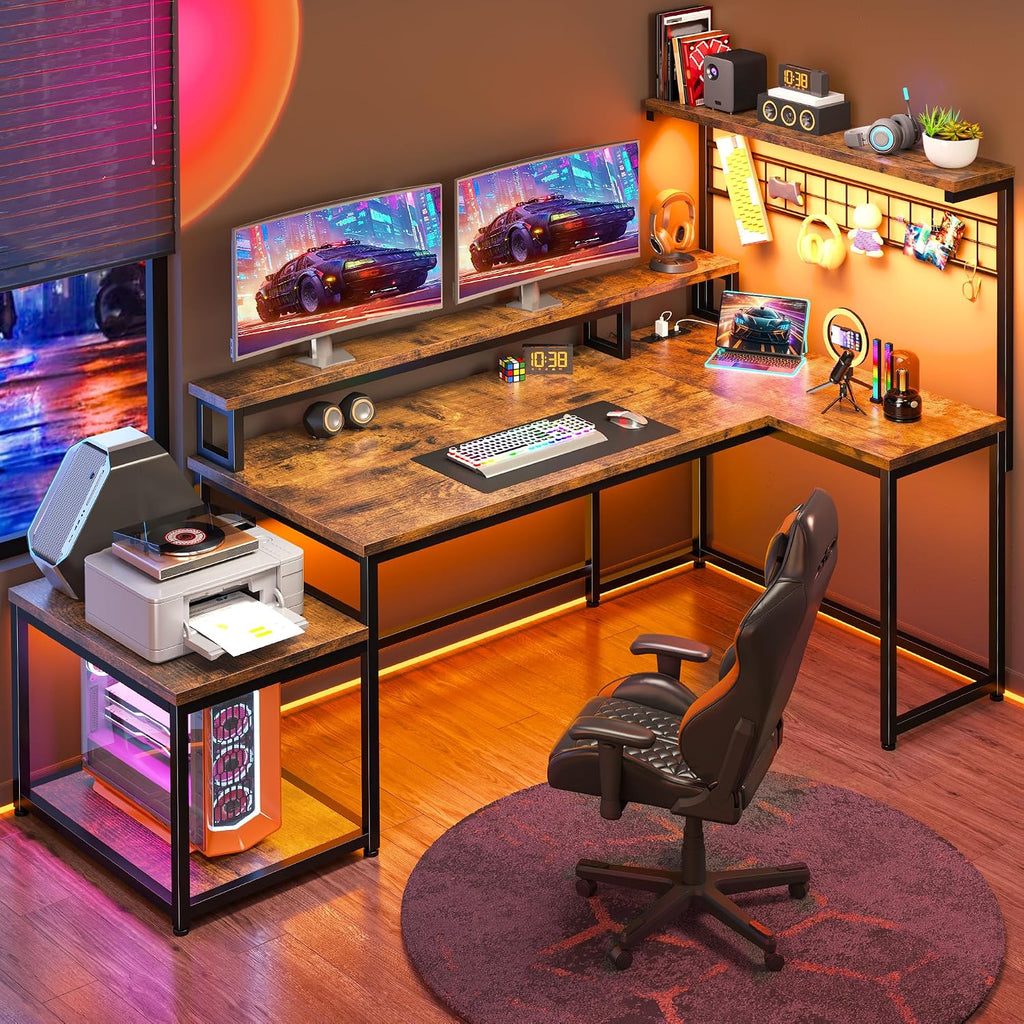 EnHomee 56' Medium L Shaped Gaming Desk with LED & Power Outlets,Computer Desk with Monitor Stand & Print Stand for Home Office,Reversible Corner Gaming Table with Storage Shelf & Hooks,Rustic Brown