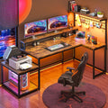 EnHomee 56' Medium L Shaped Gaming Desk with LED & Power Outlets,Computer Desk with Monitor Stand & Print Stand for Home Office,Reversible Corner Gaming Table with Storage Shelf & Hooks,Rustic Brown