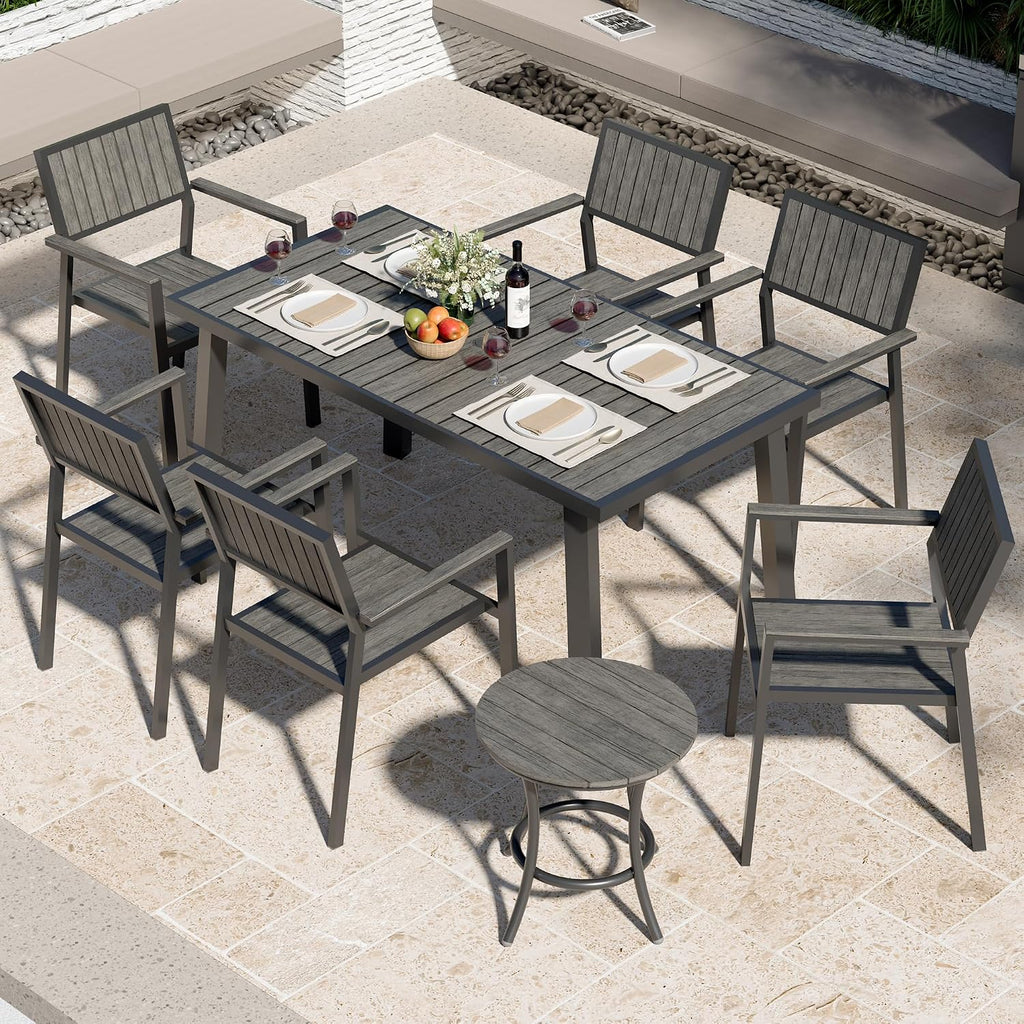 8-Piece Patio Dining Set，Aluminum Outdoor Furniture Set with Wood Table Top,Patio Table and Chairs Set with 6 Outdoor Stackable Chairs for Patio Garden Poolside，Ink