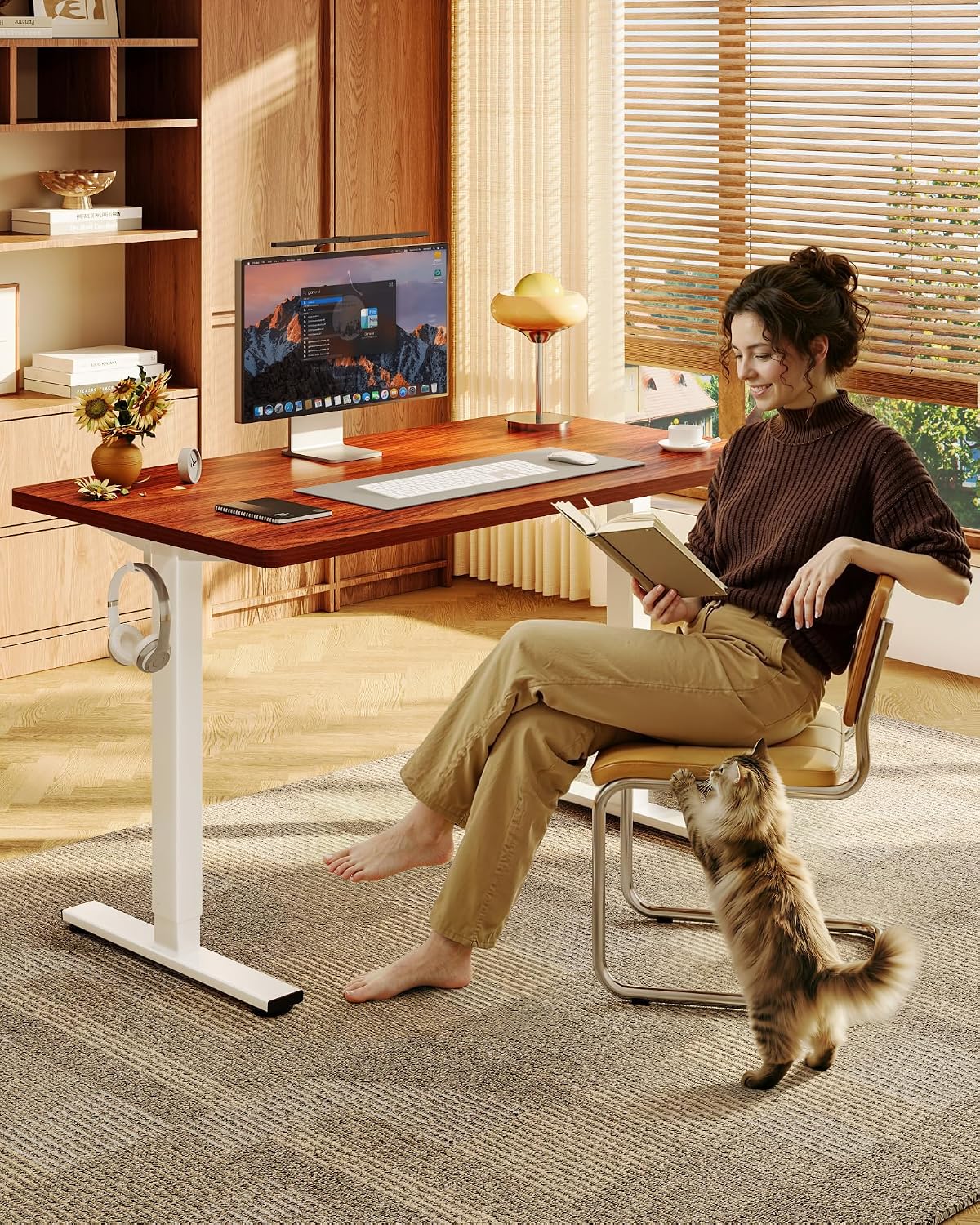 FLEXISPOT EN1 One-Piece Standing Desk with 1-Inch Thick Seamless Desktop, 48'x24' Electric Height Adjustable Desk for Home Office, Multi-Monitor Setups & Easy Assembly, Mahogany