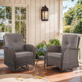 Outdoor Swivel Glider Rocker Chairs - 3 Piece Patio Furniture Set, Patio Bistro Sets with Tempered Glass Side Table, for Balcony, Porch - Brown Wicker, Grey Cushion