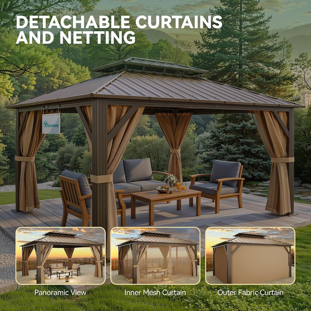 YITAHOME 9x11FT Hardtop Gazebo Double Roof Canopy w/Netting and Curtains, Outdoor Gazebo Permanent Galvanized Iron Steel Gazebo for Patio, Backyard, Deck and Lawns, Bronze
