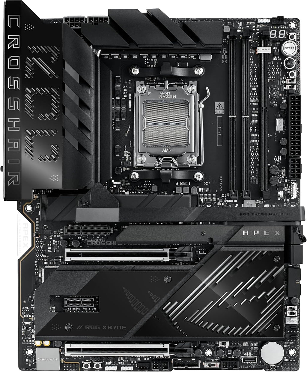 ASUS ROG Crosshair X870E APEX AMD X870E AM5 ATX Motherboard, Advanced AI PC-Ready, 18+2+2 Stages, DDR5, ROG Memory Fan, ROG DIMM.2 Card, Wi-Fi 7, 5G LAN, 3X M.2, PCIe® 5.0, USB4®, USB Type-C®, AI OC
