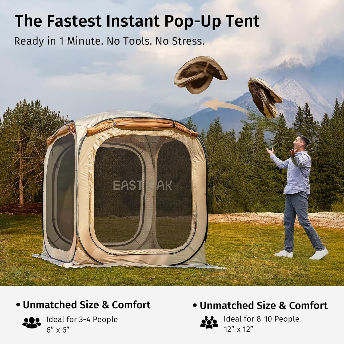 East Oak 6×6 FT Pop Up Canopy Tent with Mesh | Outdoor Screen House with 4 Sunshades | Instant Canopy with Portable Carry Bag | Gazebo Tent for Camping, Patio, and Beach | Beige