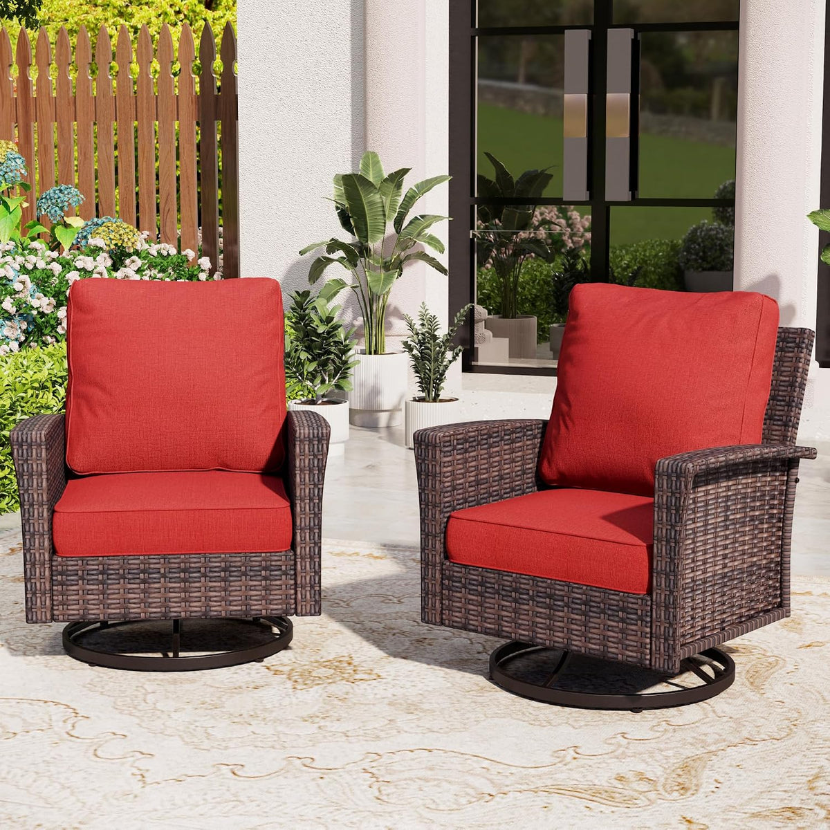 SUNSHINE VALLEY Patio Wicker Swivel Chairs Set of 2, Outdoor High Back Chairs with 5.5' Waterproof Cushions, Outdoor Furniture Set for Deck Porch and Yard, Red
