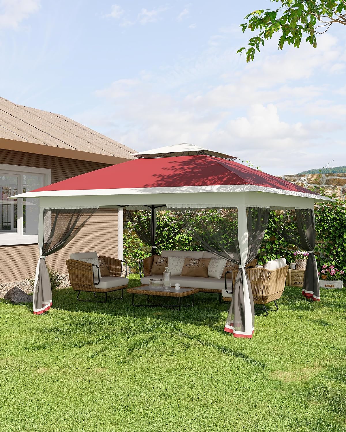 Canopy Tent 13x13 ft, Pop Up Gazebo One-Push Setup with 4 SandBags for Backyard Parties and BBQs, Mosquito Netting & Height Adjustable - Red