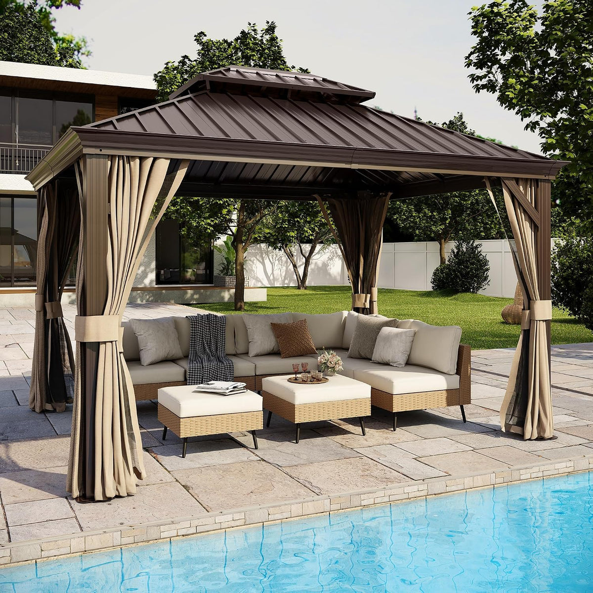 LAUSAINT HOME 10'x12' Hardtop Gazebo with Nettings and Curtains, Waterproof Permanent Heavy Duty Double Hard Roofs Gazebos with Brown Aluminum Frame for Lawn, Party