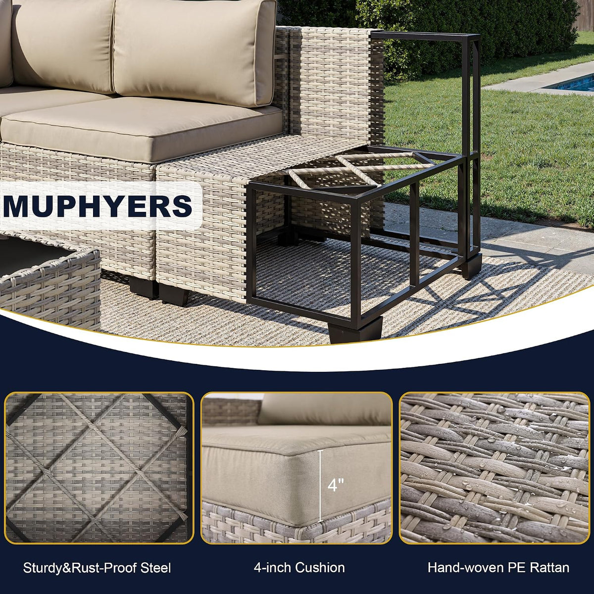 16-Piece Outdoor Patio Furniture Set with Rocking Swivel Chair, Wicker Rattan Sectional Sofa Conversation Set with 55,000 BTU Fire Pit Table with Ottomans, Backyard Furniture, Beige
