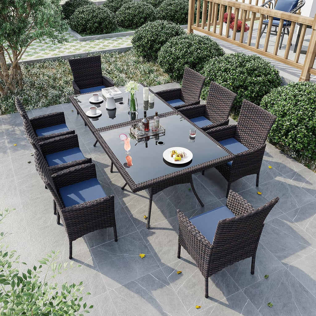 Gotland 10 Piece Outdoor Dining Set, All-Weather Rattan Patio Furniture Set with Umbrella Hole Tempered Glass Square Table, Outdoor Table and Chairs with Removable Cushions for Backyard, Deck Navy