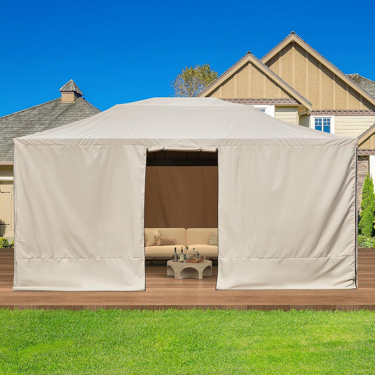 EROMMY Gazebo Cover for 12'x16' Gazebos,Outoor Winter Gazebo Cover with Sidewalls and Mesh Windows,Convert Gazebo into a Storage Space,Beige(Gazebo not Included)