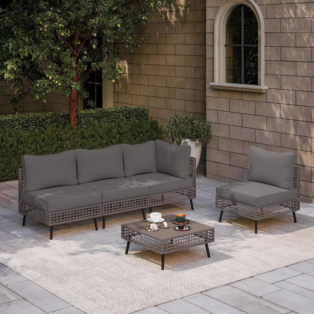 LAUSAINT HOME 5 Pieces Outdoor Sectional Sofa Set, All-Weather PE Wicker Rattan Patio Conversation Set with Thick Cushions & Coffee Table, Patio Furniture Set for Garden, Backyard, Porch (Grey)