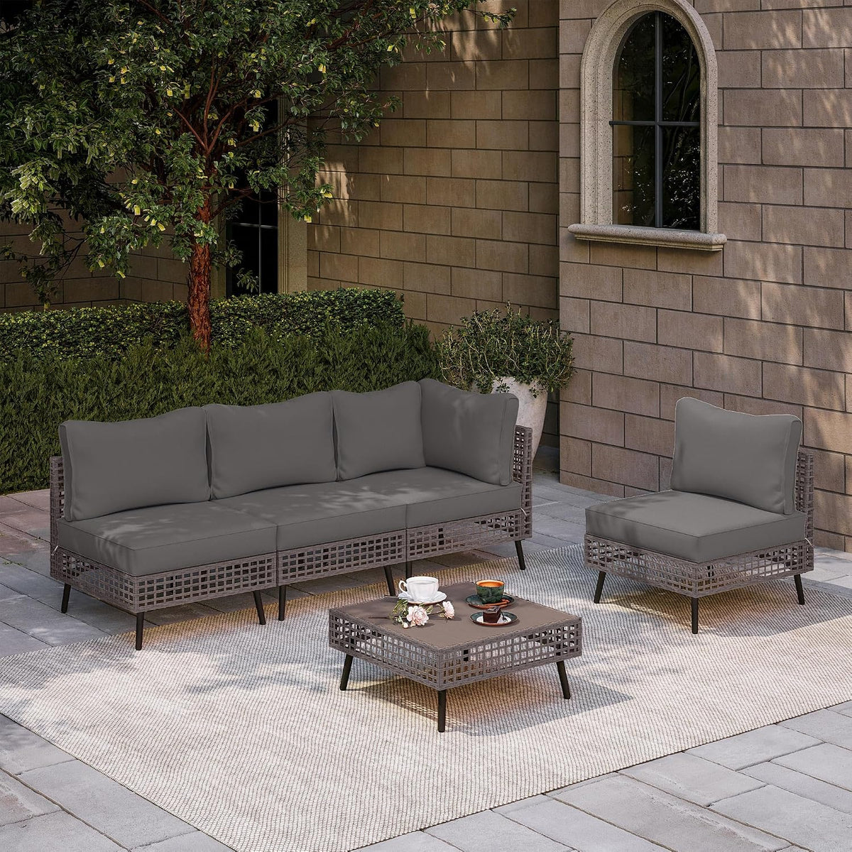 LAUSAINT HOME 5 Pieces Outdoor Sectional Sofa Set, All-Weather PE Wicker Rattan Patio Conversation Set with Thick Cushions & Coffee Table, Patio Furniture Set for Garden, Backyard, Porch (Grey)