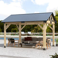 10' x 12' Wood Gazebo, Outdoor Cedar Hardtop Wooden Frame Gazebos with Galvanized Steel Roof for Garden, Patio, Deck