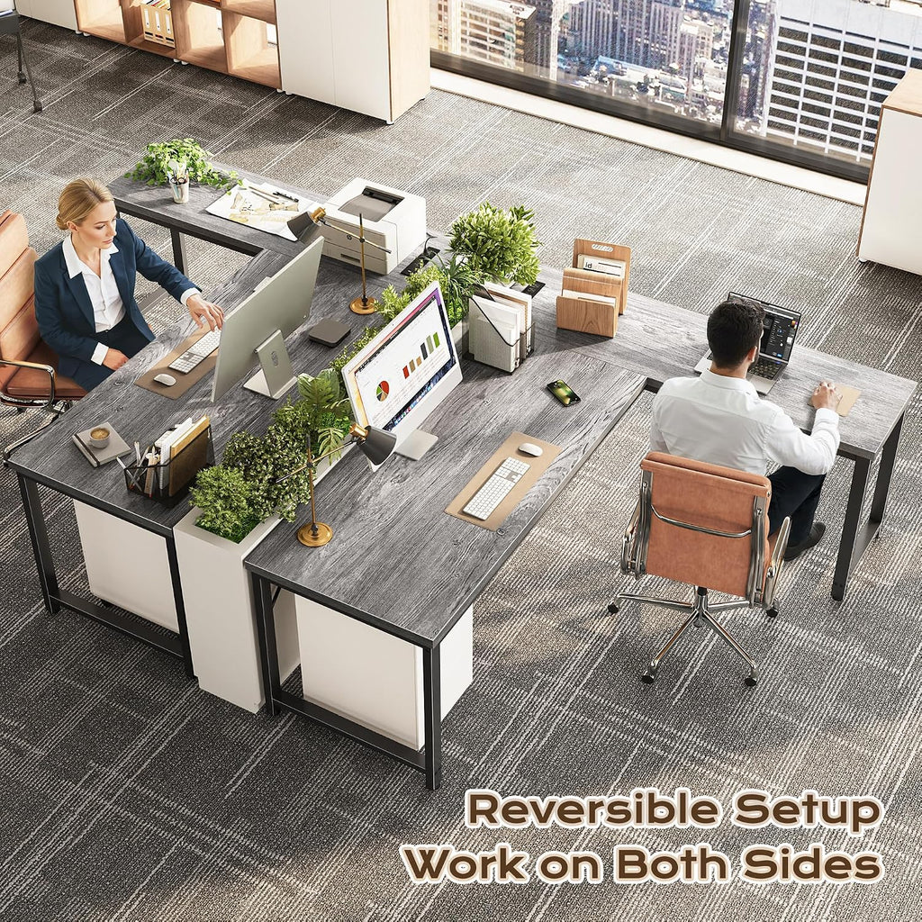 Huuger 63 Inch L Shaped Desk with Power Outlets and USB-C Port, Reversible Computer Desk, Larger Office Corner Gaming Desk, 0.95 Inch Thicker Desktop, Metal Frame, for Home Office, Study, Grey