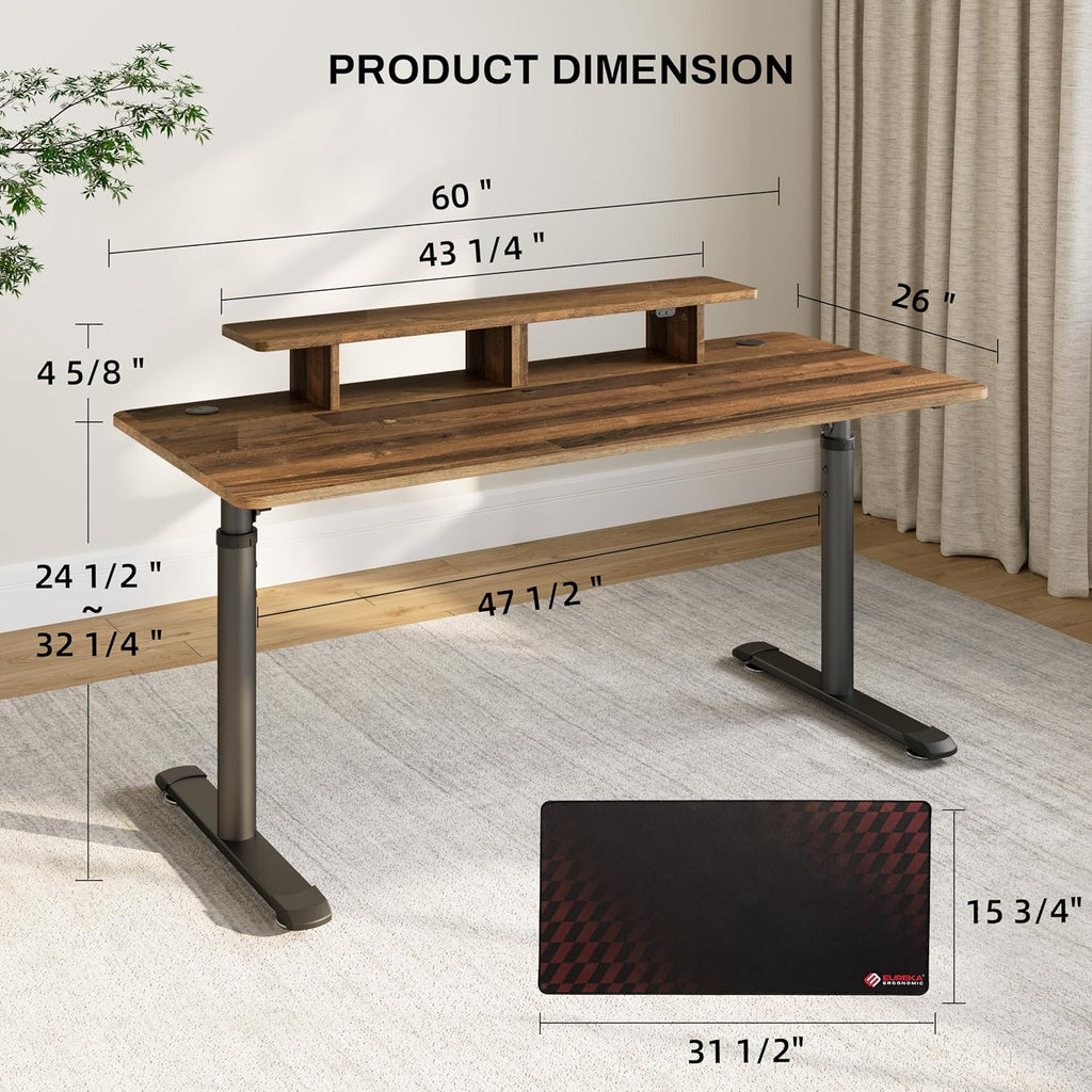 EUREKA ERGONOMIC 60 Inch Computer Desk Manual Adjustable Height Standing Desk, Home Office Desk with Monitor Stand Shelf Led Lights Strips, Computer Desk with Dual 2 Monitor Mouse Pad, Brown