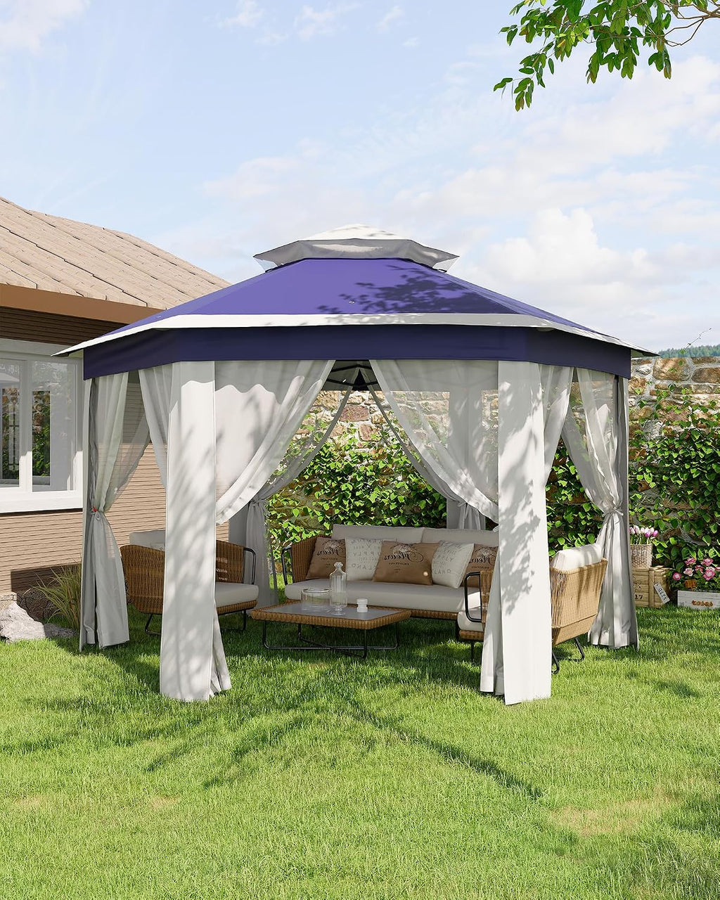 GarveeLife 13'x13' Pop-Up Gazebo, Outdoor Hexagonal Patio Gazebo with Mosquito Netting, Instant Setup Canopy Tent with Strong Steel Frame and Sandbags, for Backyard, Gardens, Patio (Blue)