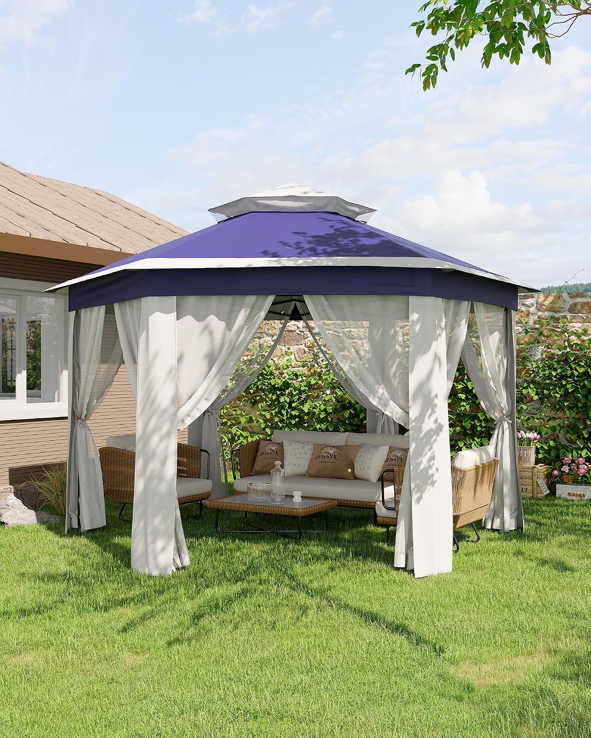 GarveeLife 13'x13' Pop-Up Gazebo, Outdoor Hexagonal Patio Gazebo with Mosquito Netting, Instant Setup Canopy Tent with Strong Steel Frame and Sandbags, for Backyard, Gardens, Patio (Blue)